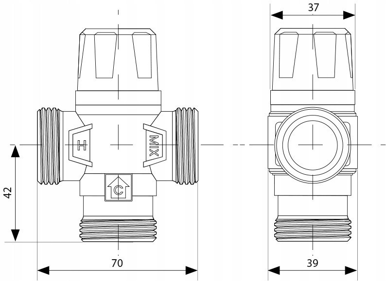 ZAWÓR TRÓJDROŻNY TERMOSTATYCZNY MIESZAJĄCY 3/4" DN20 KVS 1,6 m3/h 35-60° C - obrazek 4